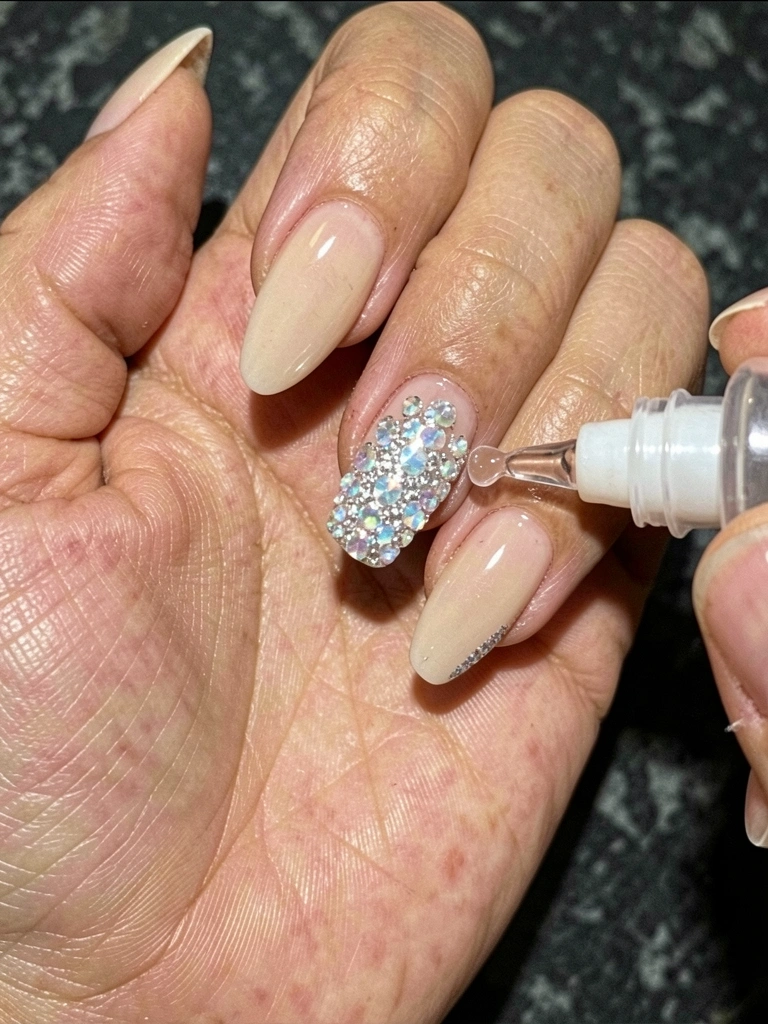Mãos femininas aplicando óleo nas cutículas com pincel, unhas com esmalte vermelho.