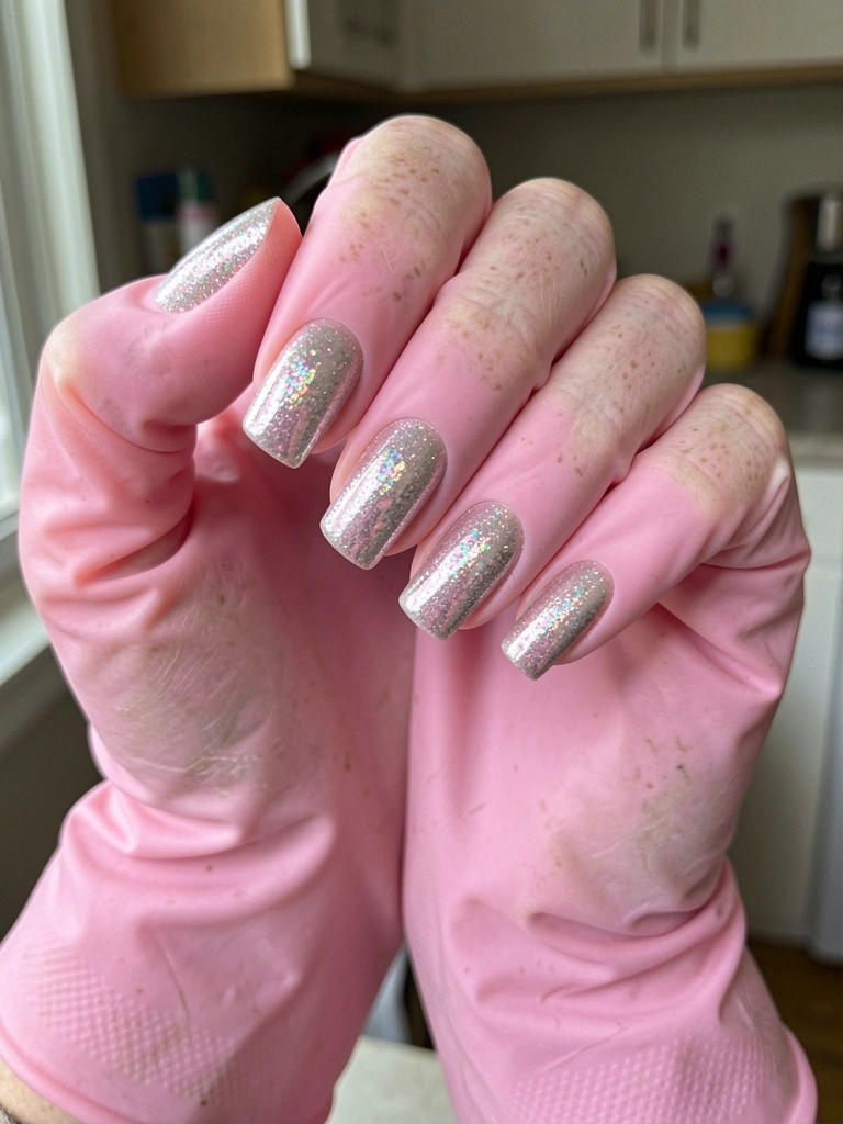 Luvas de borracha amarela cobrindo mãos com unhas decoradas, protegendo as pontas dos dedos.