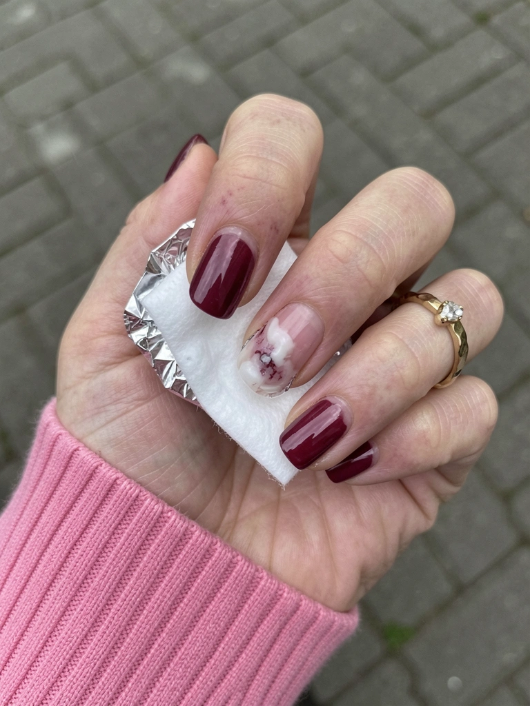Algodão embebido em acetona sobre unhas de gel, coberto com papel alumínio.