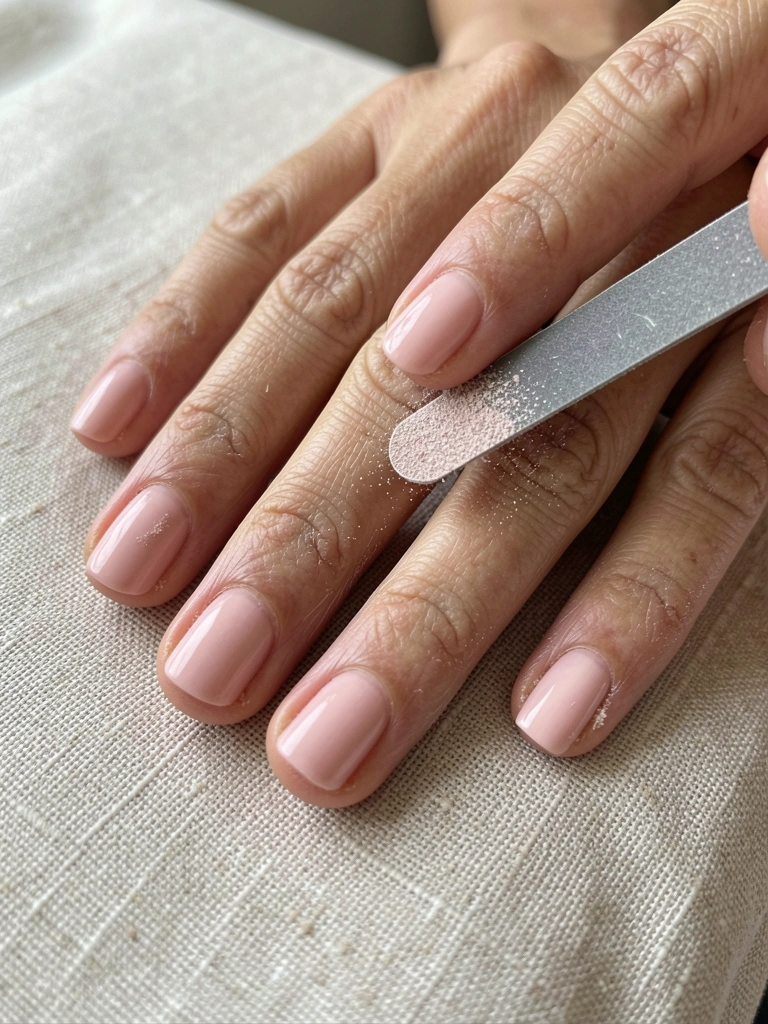 Mãos femininas lixando a superfície de unhas de gel transparentes sobre fundo claro.