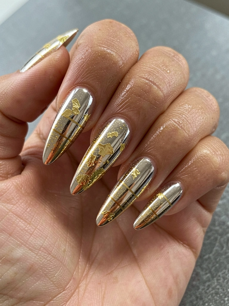 Unhas decoradas com esmalte glitter e pó cromado em tons prateados e dourados.