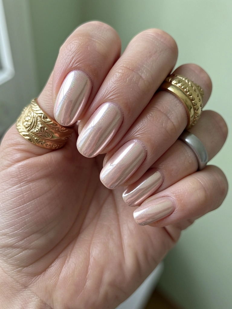 Mãos com unhas de gel cromadas em tons perolados, superfície reflexiva sob luz suave.