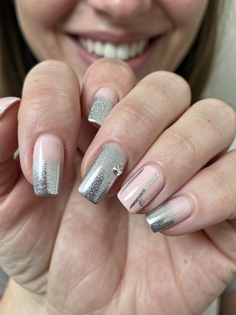 Unhas de gel com acabamento cromado prateado, superfície espelhada e brilhante.