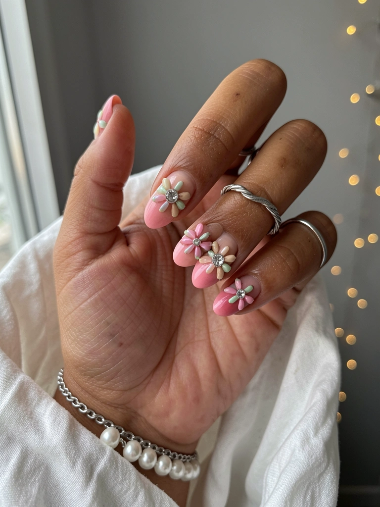 Mosaico de unhas decoradas com tons prateados, dourados e vermelhos, com detalhes em glitter e pedrarias.