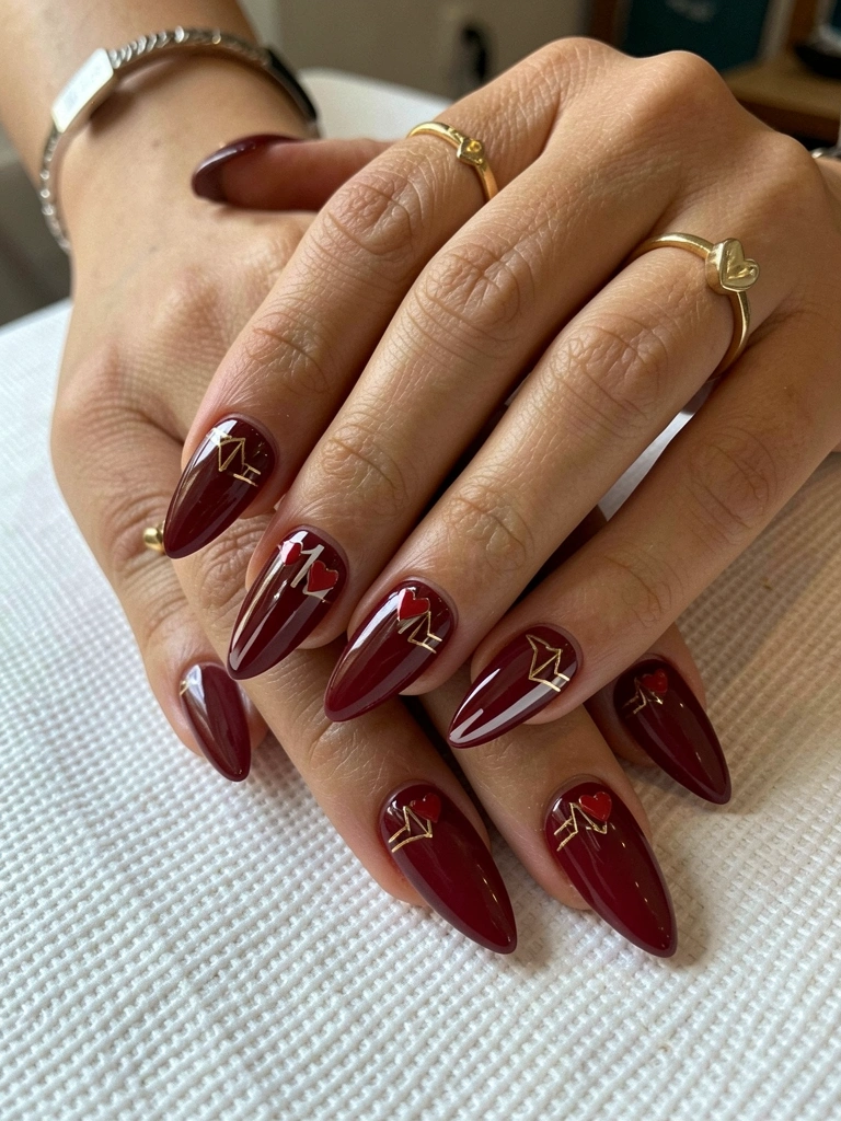 Mãos femininas com unhas de gel decoradas com linhas geométricas douradas sobre fundo escuro.
